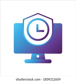 computer illustration. computer with shield and time symbol. Concept of safe computing. gradient style Vector illustration, vector icon concept.