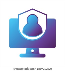 computer illustration. computer with shield and user symbol. Concept of safe computing. gradient style Vector illustration, vector icon concept.