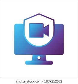 computer illustration. computer with shield and video recorder symbol. Concept of safe computing. gradient style Vector illustration, vector icon concept.