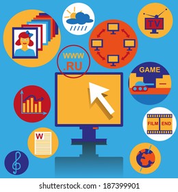 Computer image on a blue background with its functions around.