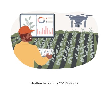 Imagens de computador ilustrações isoladas de vetor de desenhos animados. Homem com tablet determina o tamanho e o crescimento das plantas, câmeras de sensores instaladas, controle de qualidade, desenho animado vetorial de agricultura inteligente.