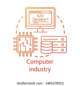 Computer industry concept icon. Hardware, software development. Programming. Data server, CPU. Information technology idea thin line illustration. Vector isolated outline drawing. Editable stroke