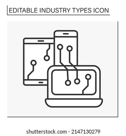  Computer industry line icon. Create software, hardware for computers and smartphones. IT technology. Business concept. Isolated vector illustration. Editable stroke