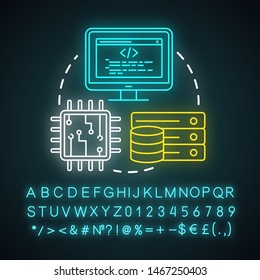 Computer industry neon light concept icon. Hardware, software development. Data server, CPU. Information technology idea. Glowing sign with alphabet, numbers and symbols. Vector isolated illustration