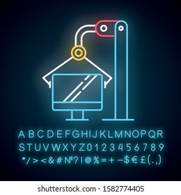 Computer industry neon light icon. Information technology. Digital sector. Production process on monitor factory. Glowing sign with alphabet, numbers and symbols. Vector isolated illustration