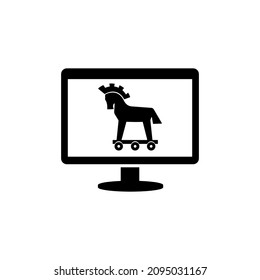 Computer infected with a malicious Trojan horse. Silhouette of a Trojan horse. Symbol of a computer virus. Solid black vector icon isolated on white background.