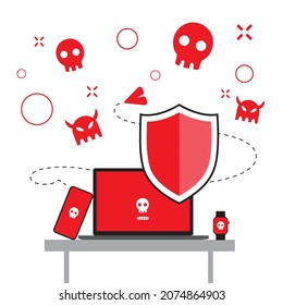 Computer infected. Virus detection. Virus attention. Scam alert, network piracy danger. Various Internet files infected with viruses, spam. Vector illustration.