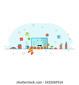 Computer is infected with viruses. Breakdown Funny cartoon computer character with a scarf and viruses. Sick and medication. Tea and pills. Needs help. Vector illustration for blog, website, booklet