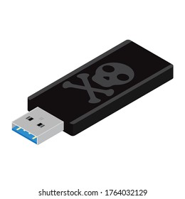 Computer infection concept. Computer virus on usb flash card. Danger malware infection concept. Isometric view