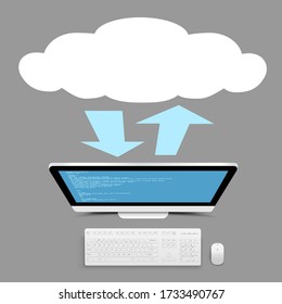 Computer info exchange through cloud service on gray background. PC clouds wireless network communication