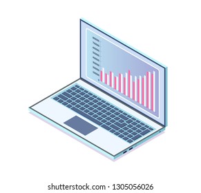 Computer with Infocharts of business project vector. Isolated isometric 3d icon with laptop and data shown on screen. Graphics and info, statistics