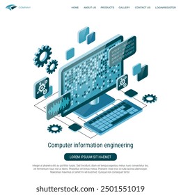 Computer information engineering flat 3d isometric vector concept illustration