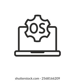 computer with instal OS icon, operating system, laptop and gear, tech symbol, vector icons