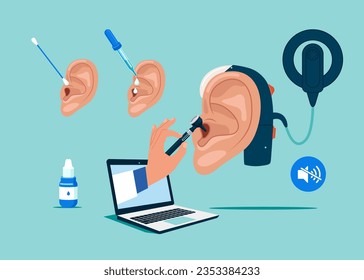 Computer with Instrument Check Huge Sick Ear, Otolaryngologist Otitis, Pain or Tinnitus Disease Treatment. Cochlear implant and hearing aid. Vector illustration