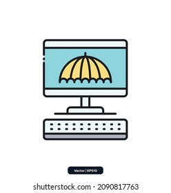 Symbol für Computerversicherung Vektorsymbole für Versicherungen. Enthält Symbole wie Autoschutz, Krankenversicherung, Vertrag, Leben und Eigentum und mehr. EPS10