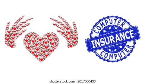 Computer Insurance rubber round seal print and vector fractal collage handmade love. Blue stamp has Computer Insurance title inside round shape.