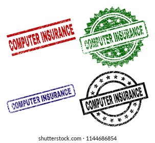 COMPUTER INSURANCE seal prints with distress style. Black, green,red,blue vector rubber prints of COMPUTER INSURANCE caption with dirty style. Rubber seals with round, rectangle, rosette shapes.