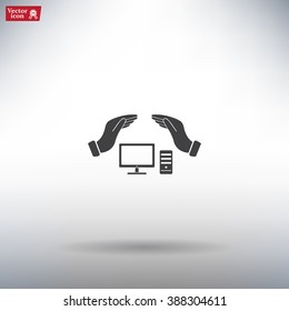 computer insurance sign icon. Hand holds pc laptop symbol.
