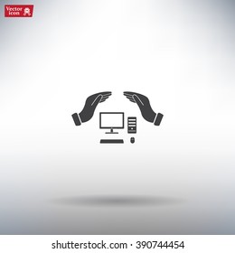 computer insurance sign icon. Hand holds pc laptop symbol.
