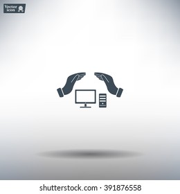 computer insurance sign icon. Hand holds pc laptop symbol.