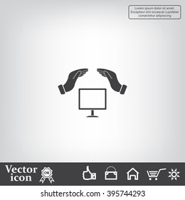 computer insurance sign icon. Hand holds pc laptop symbol.
