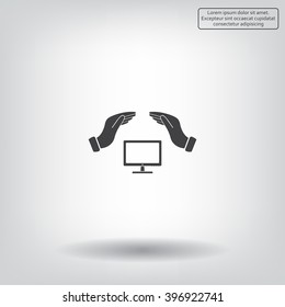 computer insurance sign icon. Hand holds pc laptop symbol.