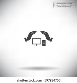 computer insurance sign icon. Hand holds pc laptop symbol.