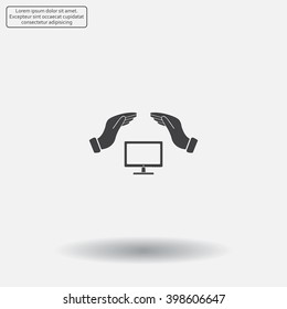 computer insurance sign icon. Hand holds pc laptop symbol.