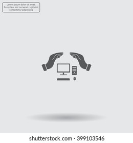 computer insurance sign icon. Hand holds pc laptop symbol.
