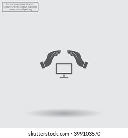 computer insurance sign icon. Hand holds pc laptop symbol.