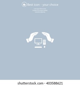 computer insurance sign icon. Hand holds pc laptop symbol.