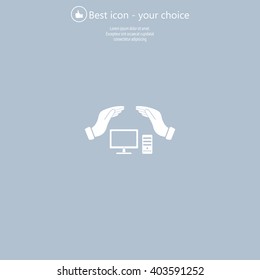 computer insurance sign icon. Hand holds pc laptop symbol.