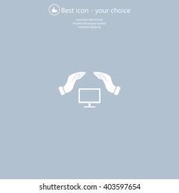 computer insurance sign icon. Hand holds pc laptop symbol.