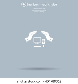 computer insurance sign icon. Hand holds pc laptop symbol.