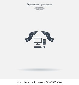 computer insurance sign icon. Hand holds pc laptop symbol.