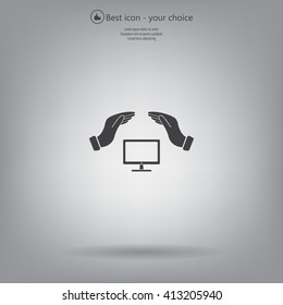 computer insurance sign icon. Hand holds pc laptop symbol.