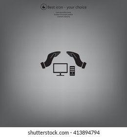 computer insurance sign icon. Hand holds pc laptop symbol.