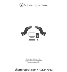 computer insurance sign icon. Hand holds pc laptop symbol.