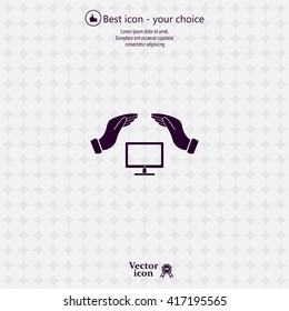 computer insurance sign icon. Hand holds pc laptop symbol.
