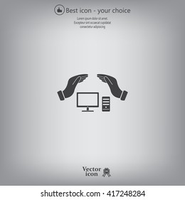 computer insurance sign icon. Hand holds pc laptop symbol.