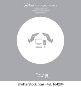 computer insurance sign icon. Hand holds pc laptop symbol.