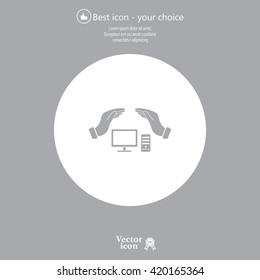 computer insurance sign icon. Hand holds pc laptop symbol.