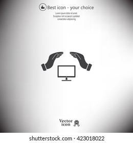 computer insurance sign icon. Hand holds pc laptop symbol.