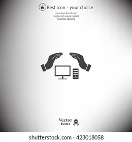 computer insurance sign icon. Hand holds pc laptop symbol.