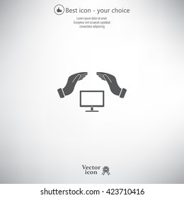 computer insurance sign icon. Hand holds pc laptop symbol.