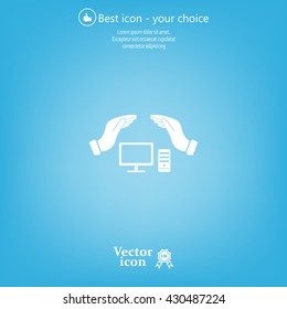 computer insurance sign icon. Hand holds pc laptop symbol.