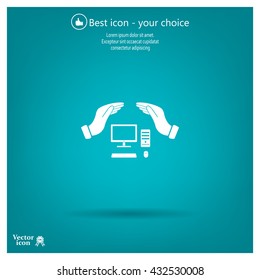 computer insurance sign icon. Hand holds pc laptop symbol.
