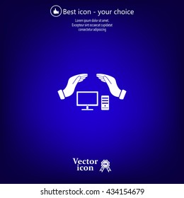 computer insurance sign icon. Hand holds pc laptop symbol.