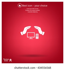 computer insurance sign icon. Hand holds pc laptop symbol.