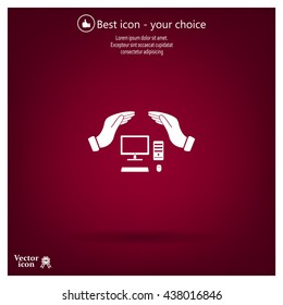 computer insurance sign icon. Hand holds pc laptop symbol.